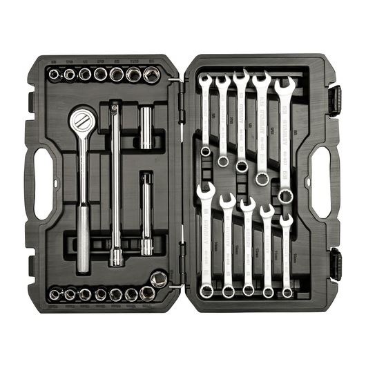 STANLEY STMT45510-LA mechanic tool set with wrenches, ratchet, and sockets in black hard case, top view.