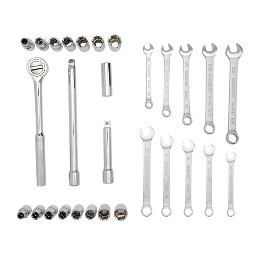 STANLEY STMT45510-LA mechanic tool set with ratchet, extension bars, sockets, and combination wrenches, top view.