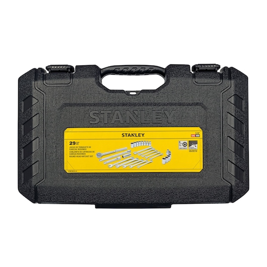 STANLEY STMT45510-LA socket and ratchet set case, black hard plastic with handle, yellow label front view.
