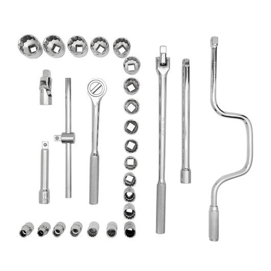 STANLEY STMT45512-LA socket wrench and accessory set, chrome finish, top view on white background.
