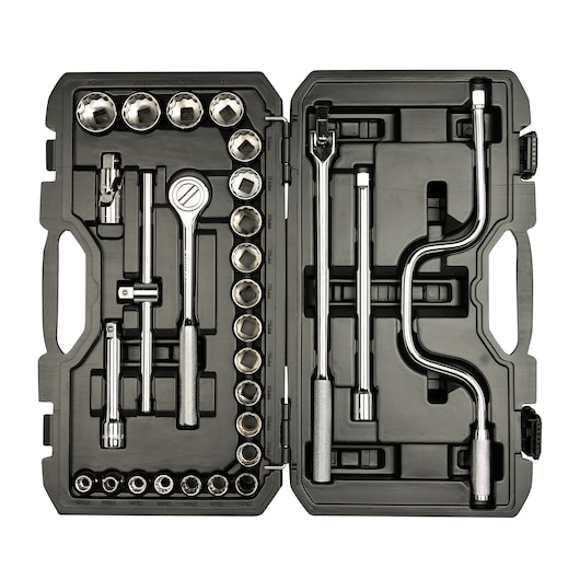 STANLEY STMT45512-LA socket and ratchet set in black plastic case, top view with chrome hand tools organized.