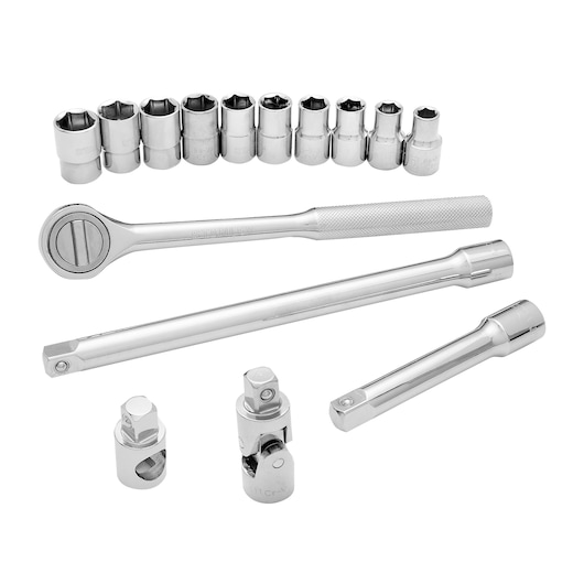 STANLEY STMT45513-LA socket wrench set with ratchet, extensions, and adapters, photography, top view on white background.