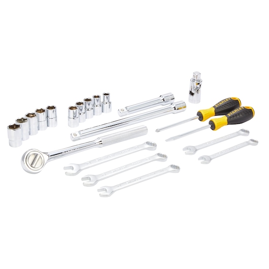 STANLEY STMT45513-LA tool set with ratchet, sockets, wrenches, and screwdrivers, white background angle.