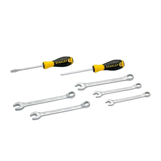 STANLEY STMT45513-LA hand tool set with two screwdrivers and five combination wrenches, front angle on white background.