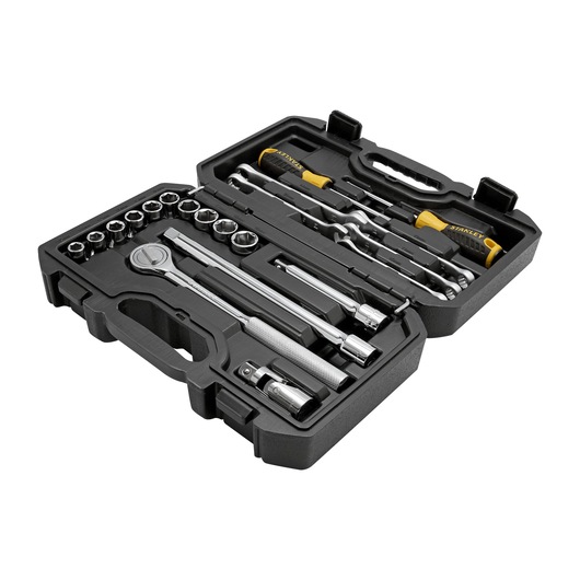 STANLEY STMT45513-LA mechanic tool set with ratchet, sockets, screwdrivers, and accessories in black case, angled view.