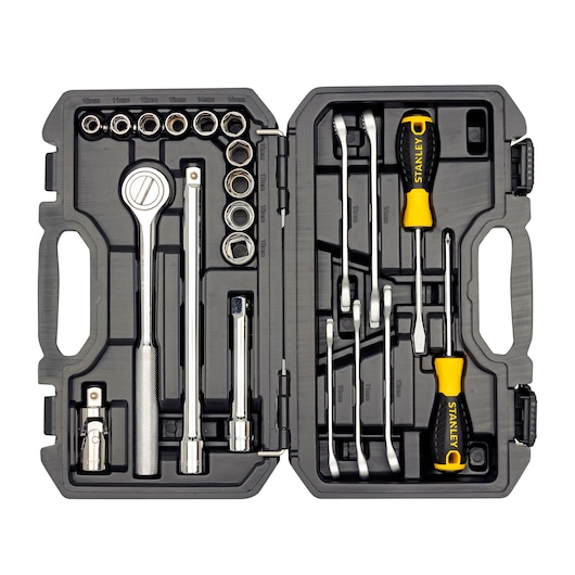STANLEY STMT45513-LA tool set with sockets, ratchet, screwdrivers, and wrenches in black plastic case, top view.