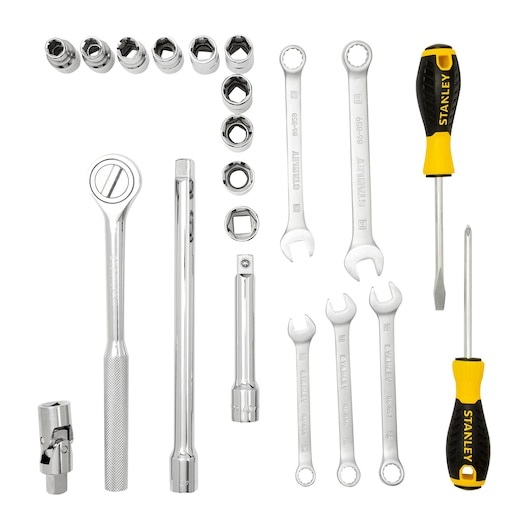 Photo of STANLEY STMT45513-LA hand tool set with sockets, wrenches, ratchet, and two screwdrivers, top-down view.