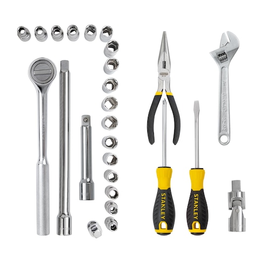 Stanley STMT45514-LA hand tool set with ratchet, sockets, screwdriver, pliers, and wrench, top-down view.