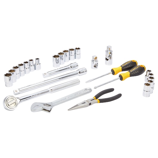 STANLEY STMT45514-LA socket and tool set with ratchet, wrenches, screwdrivers, pliers, and sockets, top angle on white.