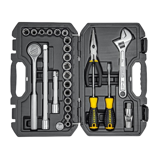 STANLEY STMT45514-LA tool set case with ratchet, pliers, wrench, screwdrivers and sockets, top view.