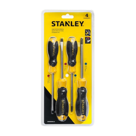 STANLEY STMT60040-LA screwdriver set, four pieces, yellow and black handles, front view on white background.