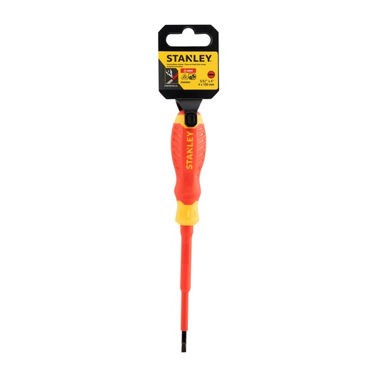 Photo of STANLEY STMT60164-LA insulated flathead screwdriver with red and yellow handle, front angle, white background.