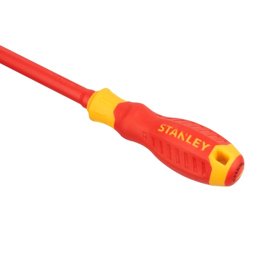 STANLEY STMT60166-LA insulated screwdriver with red and yellow handle, angled view on white background.