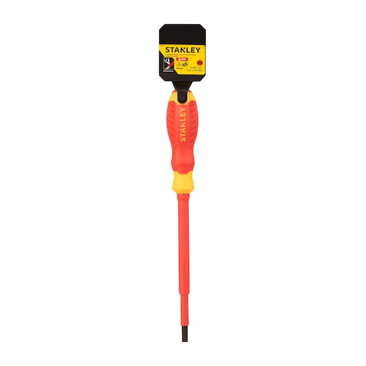 Stanley STMT60166-LA insulated flathead screwdriver, red and yellow handle, front angle on white background.