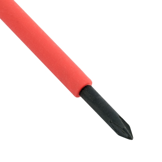 STANLEY STMT60168-LA Phillips screwdriver with red handle, close-up side angle on white background.