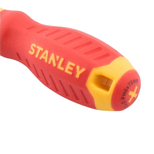 STANLEY STMT60168-LA red and yellow screwdriver handle, side angle on white background.