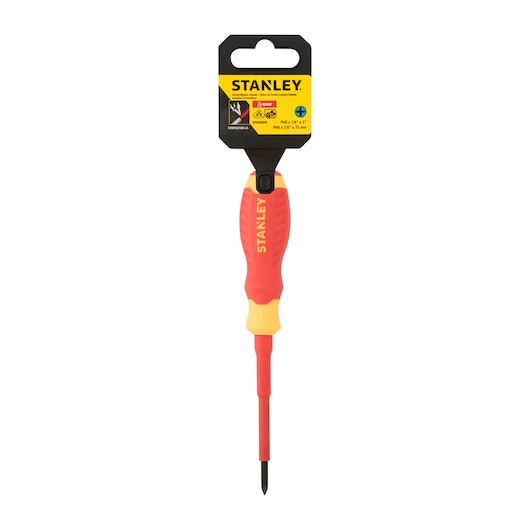 Stanley STMT60168-LA insulated Phillips screwdriver with red and yellow handle, front angle, on white background.