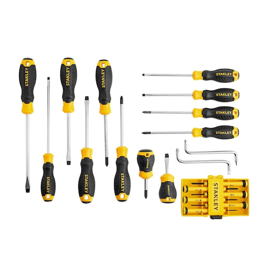 Stanley STMT60220-LA screwdriver set with yellow and black handles, multiple types, flat lay on white background.
