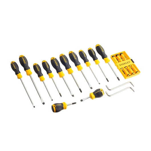 STANLEY STMT60220-LA screwdriver set photography, yellow and black handles, set displayed from above.