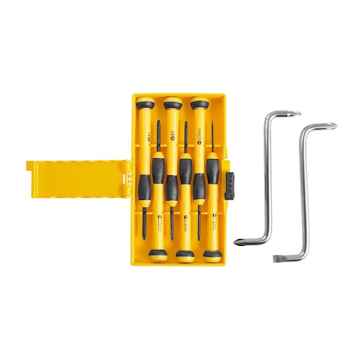STANLEY STMT60220-LA precision screwdriver set with yellow case, five screwdrivers, and two metal pry bars, top view.