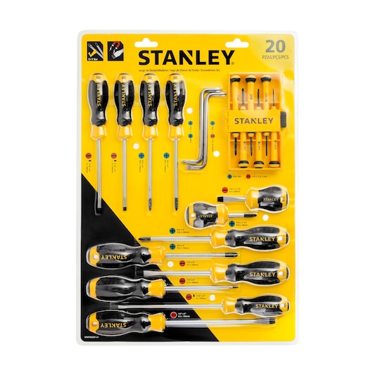 Photo of STANLEY STMT60220-LA screwdriver set, 20-piece, black and yellow handles, flat and Phillips tips, on white background.