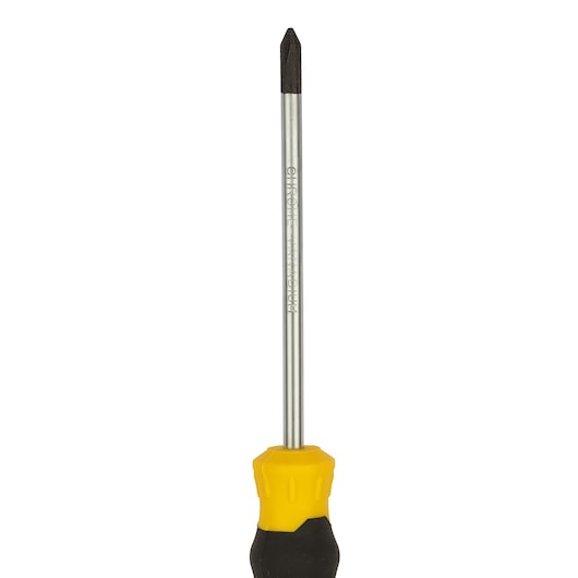 STANLEY STMT60805-840B Phillips screwdriver with yellow and black handle, straight-on angle, white background.