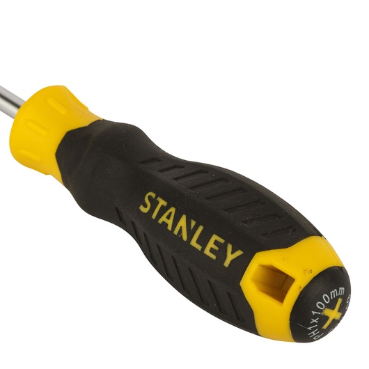 Photo of STANLEY STMT60805-8 screwdriver, black and yellow handle, right side angle, visible logo and bit holder.