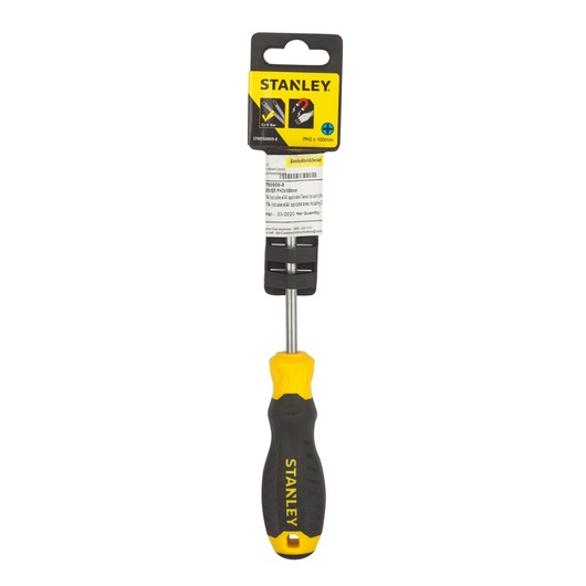 Photo of STANLEY STMT60809-840 Phillips screwdriver with black and yellow handle, front angle, on white background.