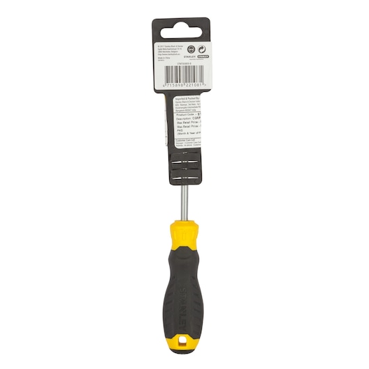 STANLEY STMT60809-840 screwdriver with black and yellow ergonomic handle, rear view, white background.