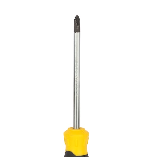 STANLEY STMT60809-8 Phillips screwdriver with yellow and black handle, front view on white background.