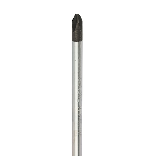 STANLEY STMT60809-8 Phillips screwdriver, chrome shaft, black tip, studio side view photography.
