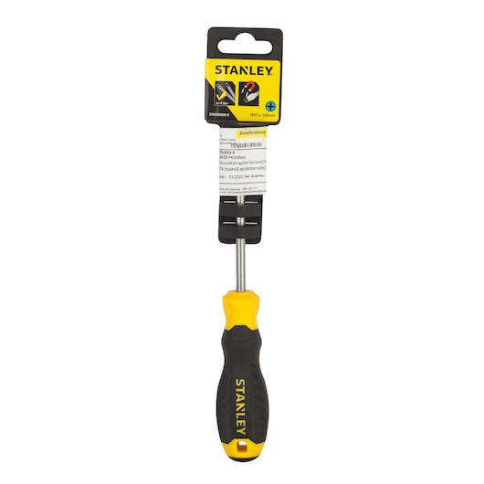 Stanley STMT60809-8 Phillips screwdriver with black and yellow handle, front angle, on white background.
