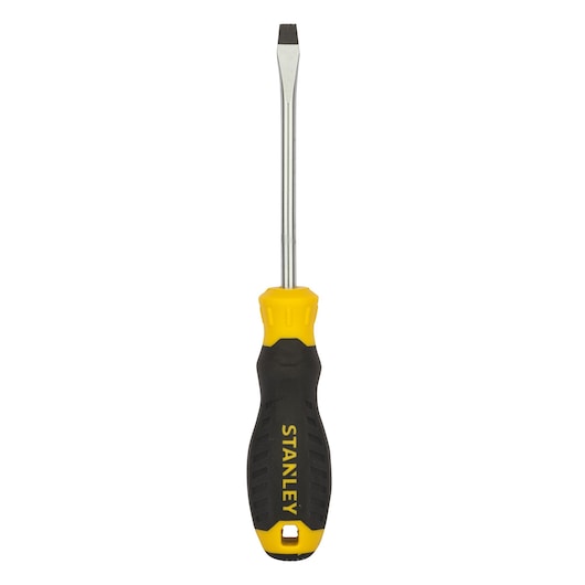 STANLEY STMT60826-8 slotted screwdriver with yellow and black handle, front angle on white background.