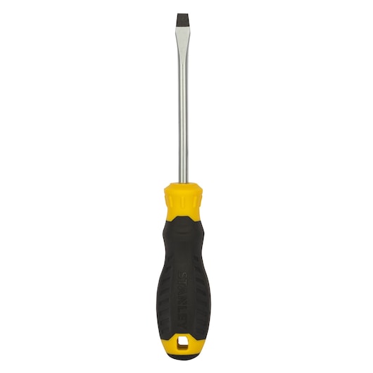 STANLEY STMT60826-8 flathead screwdriver, yellow and black handle, front angle, photography.