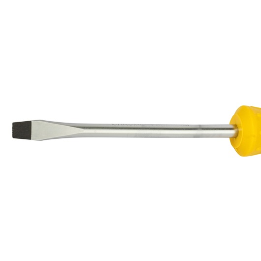 STANLEY STMT60826-8 flathead screwdriver with yellow handle, side view, on white background.