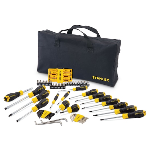 Stanley STMT65604-LA tool set photography, assorted hand tools with yellow accents and black carrying bag, front angle.