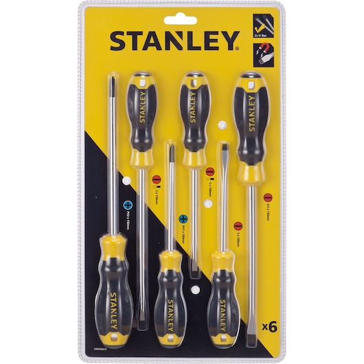 STANLEY STMT66672 6-piece screwdriver set in packaging, black and yellow handles, front view.