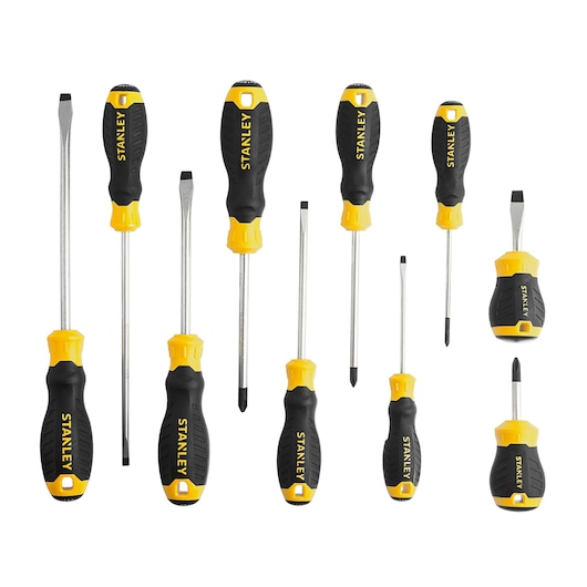 STANLEY STMT66676-840 screwdriver set with black and yellow handles, 12 pieces, product top view on white background.