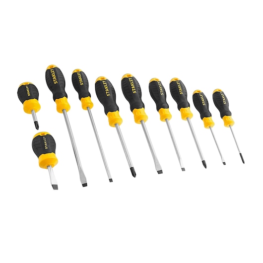 STANLEY STMT66676-840 screwdriver set with ten black and yellow ergonomic handles, flat and Phillips tips, front angle.