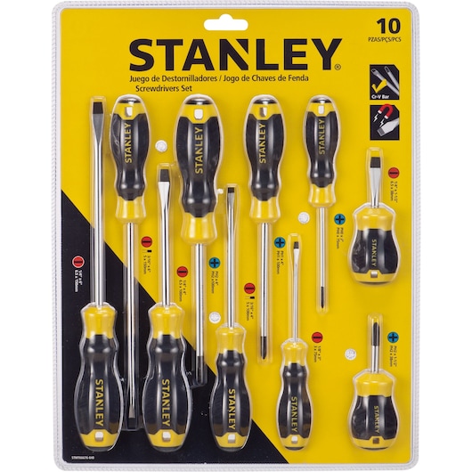 STANLEY STMT66676-840 screwdriver set, 10-piece, black and yellow, visible in retail packaging front view.