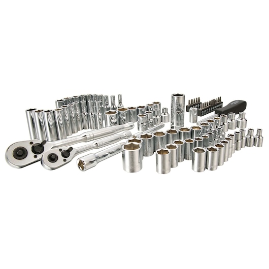 Stanley socket and ratchet set, chrome finish, side angle, including adapters and driver bits