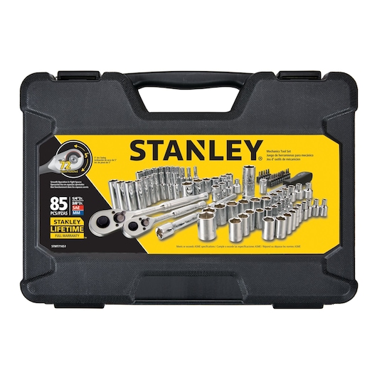 STANLEY STMT71651 mechanics tool set case, yellow label, 85 pieces, front angle on white background.