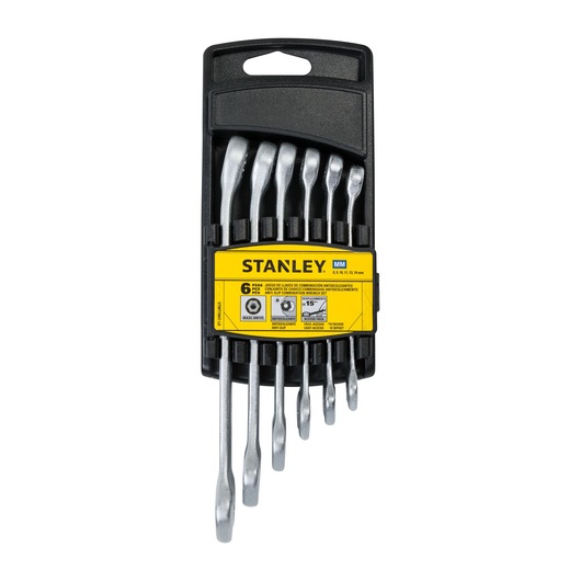 STANLEY STMT73647-LA set of 6 combination wrenches in holder, silver wrenches with yellow label, top-down view.