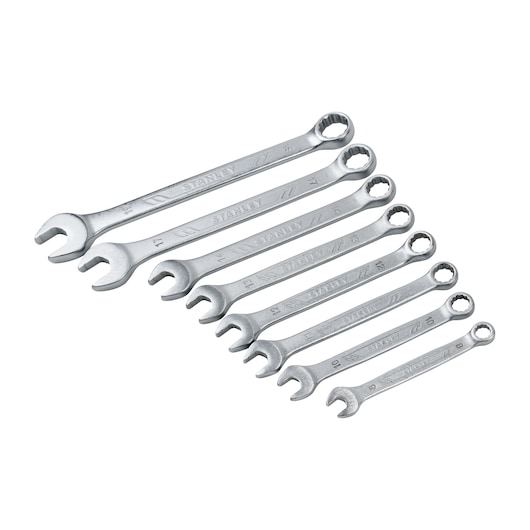 STANLEY STMT73648-LA combination wrench set, seven silver wrenches, product photography, angled on white background.