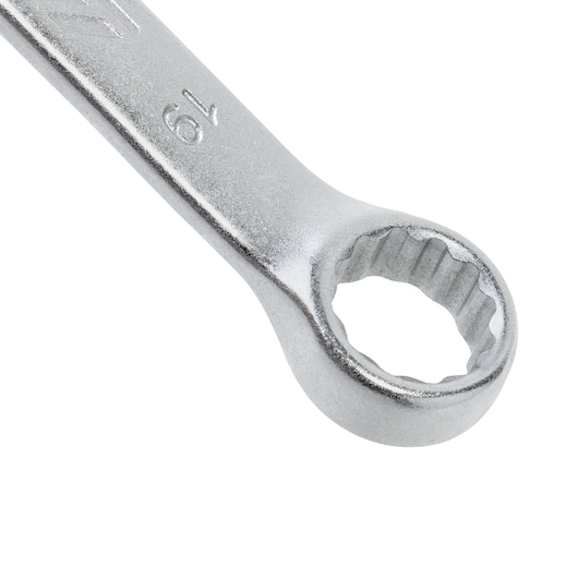 STANLEY STMT73648-LA box end wrench close-up, silver finish, with 19mm marking, product photography on white background.