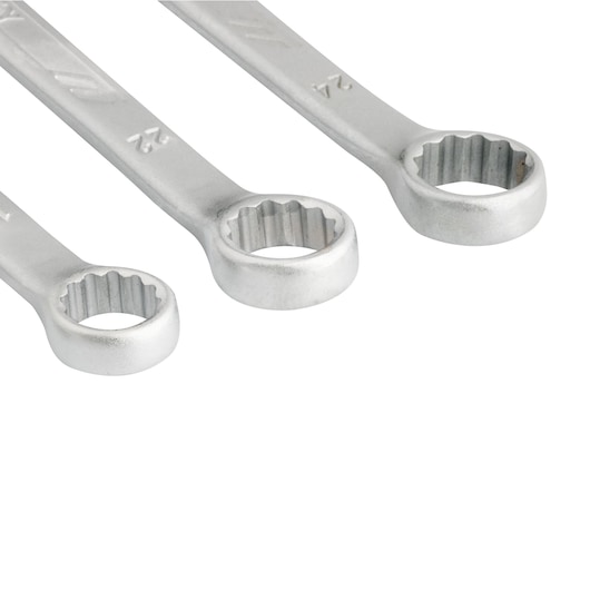 STANLEY STMT73649-LA combination wrench set, close-up view of three silver wrenches on white background.