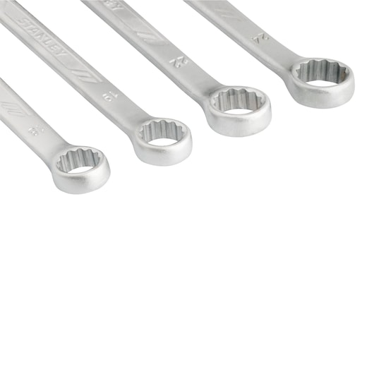 Photo of STANLEY STMT73649-LA box end wrenches set, silver finish, angled view, four sizes visible.