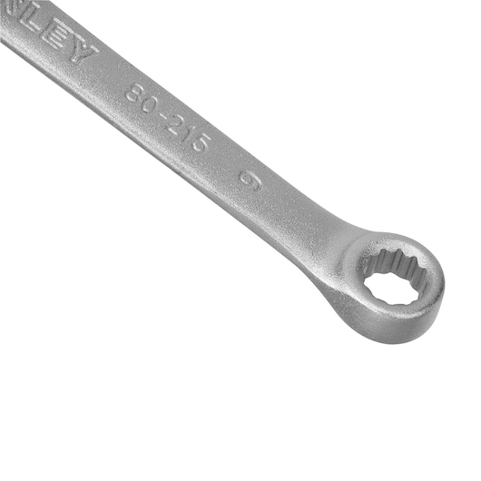 STANLEY STMT80215-840 box end wrench in silver, close-up angle on white background.