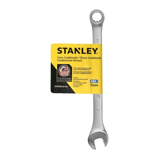 Photo of STANLEY STMT80216-840 combination wrench, 7mm size, silver finish, front angle, with yellow label.
