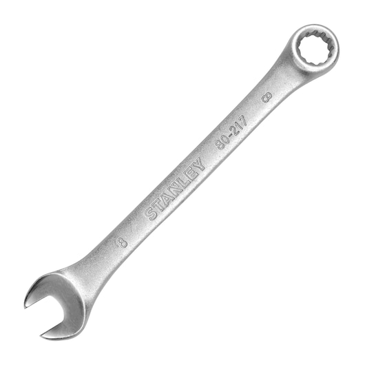 Stanley STMT80217-840 silver combination wrench, angled view, with open and box ends.